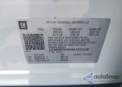 2021 Chevrolet Traverse Fwd Ls из США, поврежденный, VIN 1GNERFKWXMJ201136